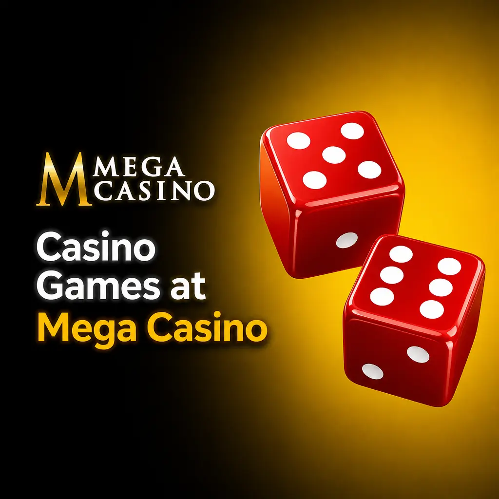 Mega Casino games lobby featuring video slots, live dealer blackjack, roulette, baccarat and game show titles from top providers
