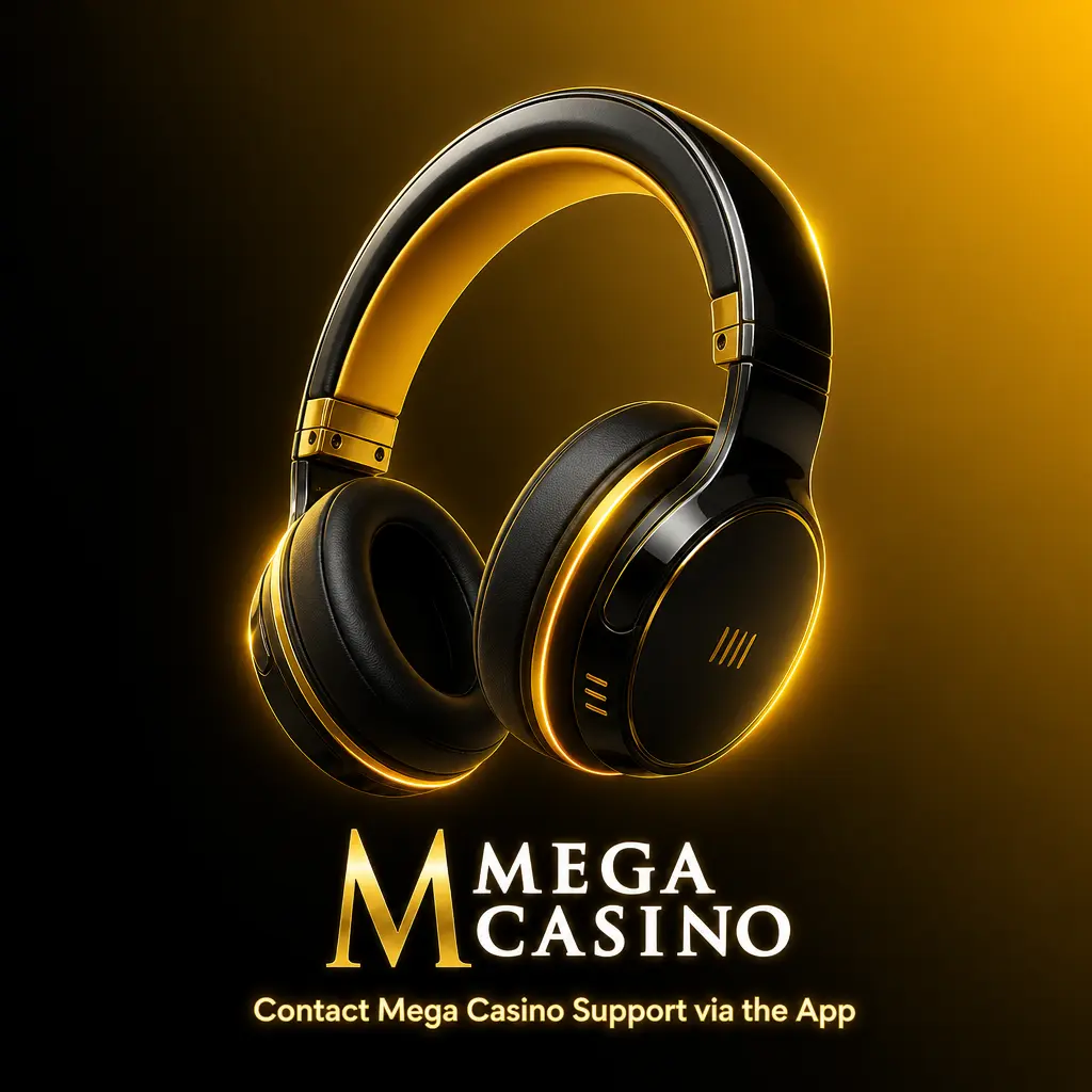 Mega Casino app support screen showing live chat, email, phone and FAQ contact options