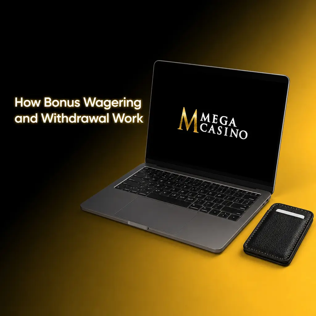 Diagram explaining Mega Casino bonus wagering requirements, eligible games, stake limits, and withdrawal process.