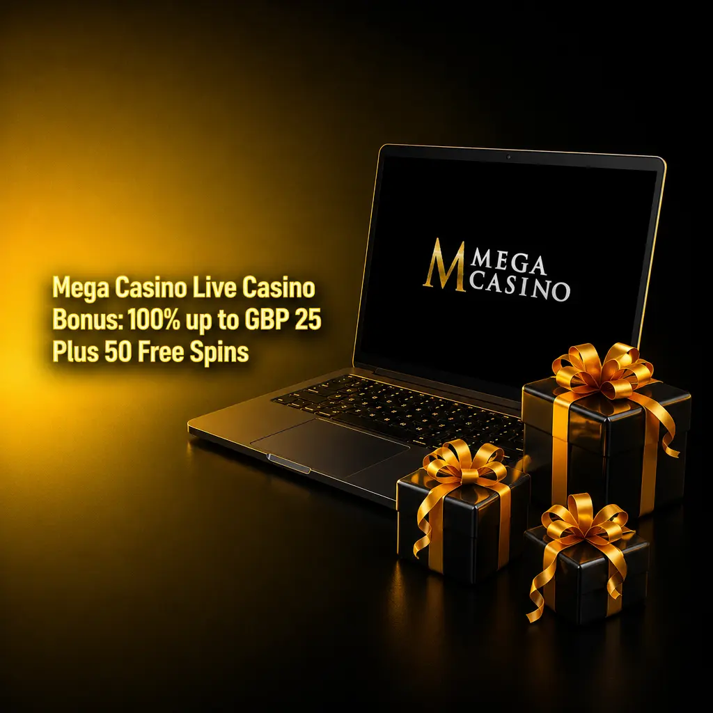 Mega Casino live casino bonus: 100% deposit match up to GBP 25 plus 50 Free Spins for new UK players
