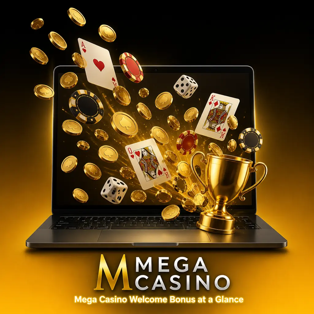 Table showing Mega Casino welcome bonus: 100% match up to GBP 25, 50 free spins, 35x wagering, GBP 10 minimum deposit