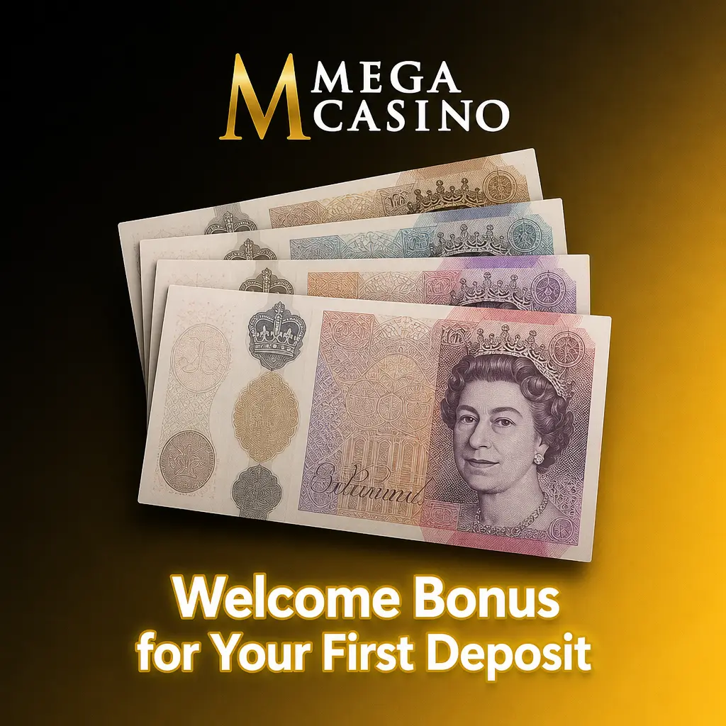 Mega Casino welcome bonus: 100% deposit match up to GBP 25 plus 50 Free Spins on Starburst for new players.