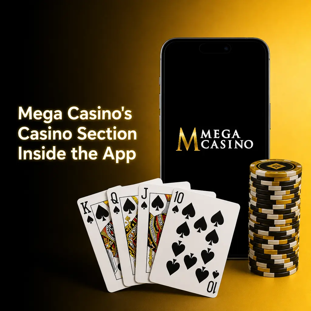 Mega Casino app casino section showing categorised games including slots, table games, live casino and jackpots