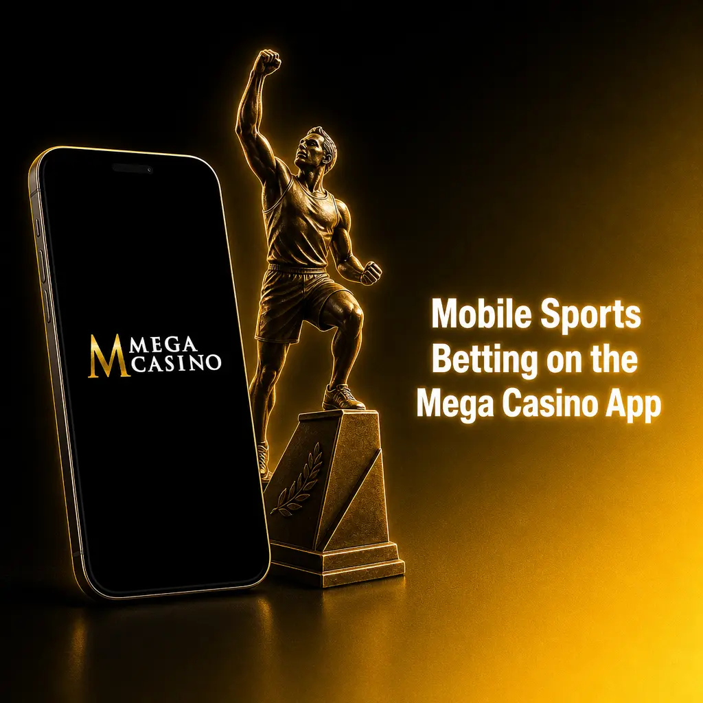 Mega Casino app screen showing mobile sports betting markets for football, horse racing, tennis and live in-play wagers