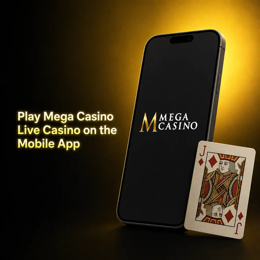 Mega Casino mobile app showing the live casino lobby with live dealer tables for iOS and Android